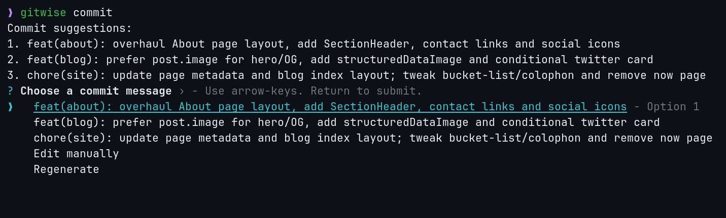 Gitwise commit flow in the terminal