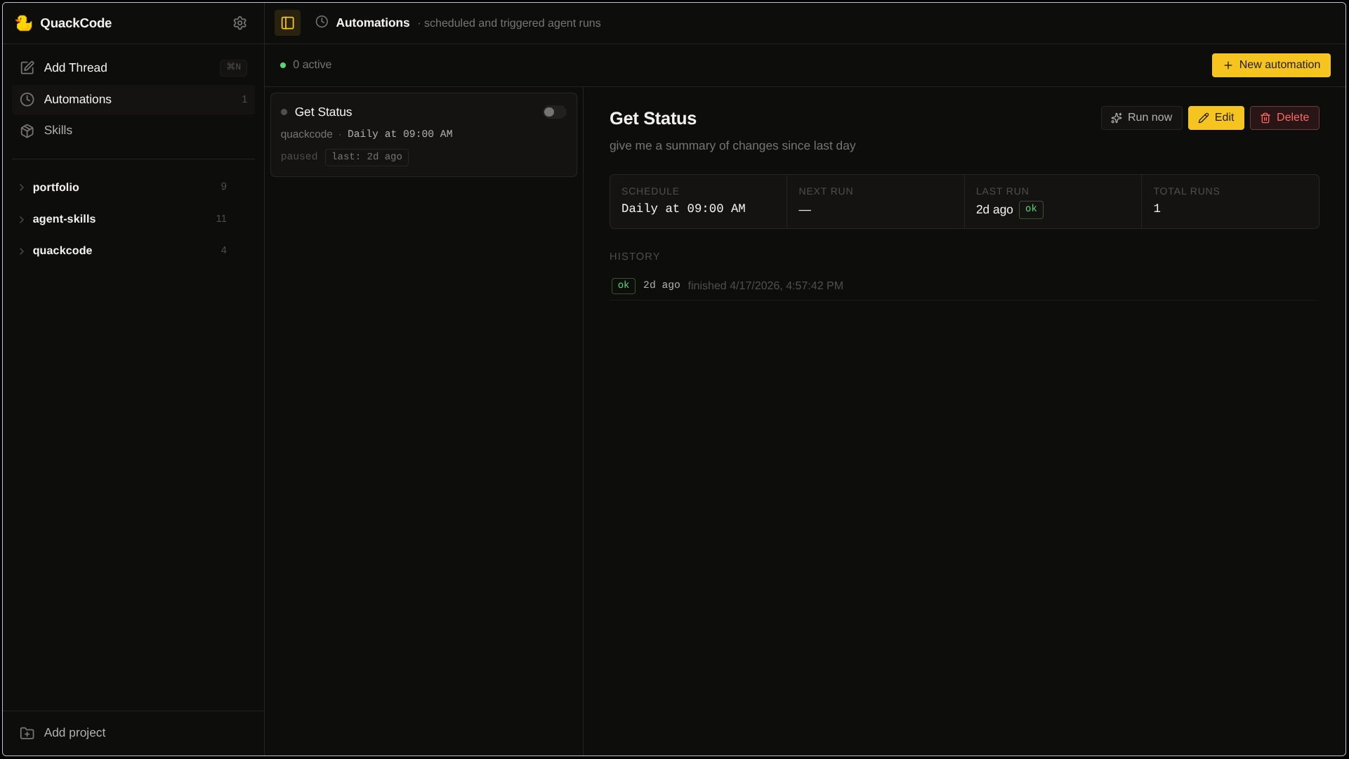 QuackCode automations and skills view